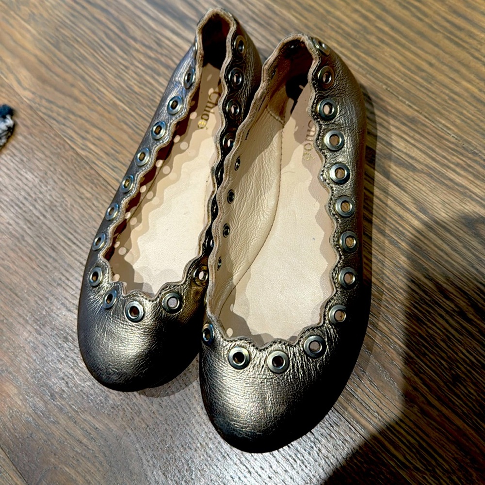 Chloe classic scallop ballet flats in rose gold/platinum, size 27